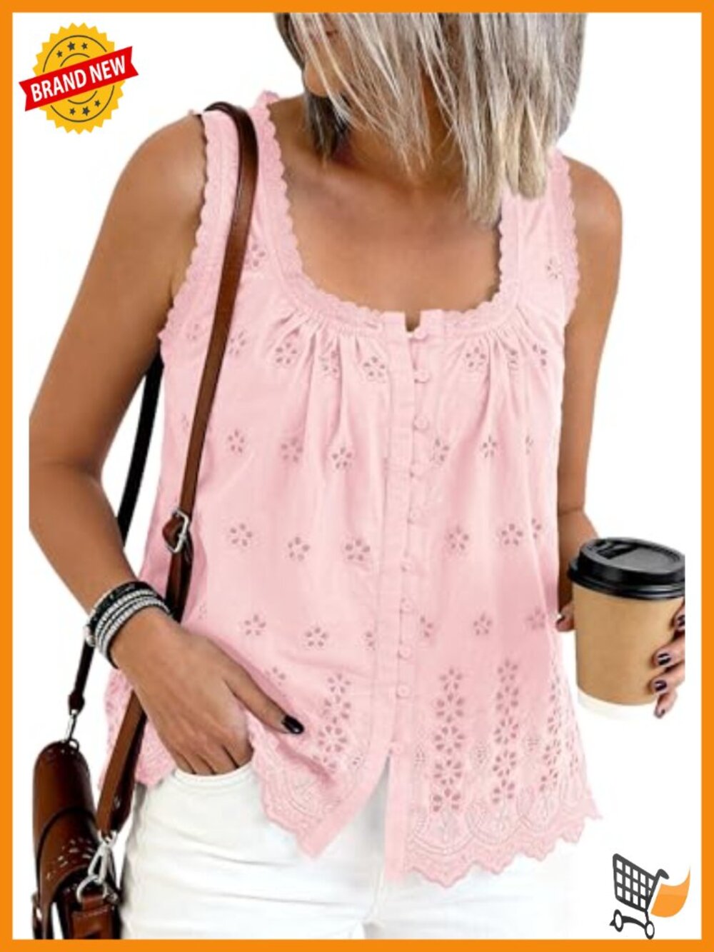 Square Neck Button Down Eyelet Tank Top Casual Summer Blouse